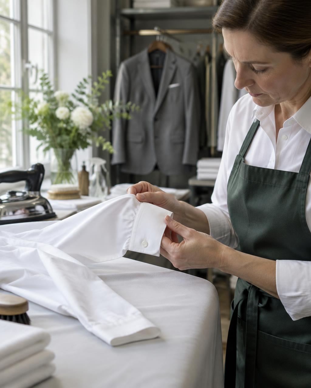 Careful inspection and finishing of a cotton shirt — illustrative garment care photograph